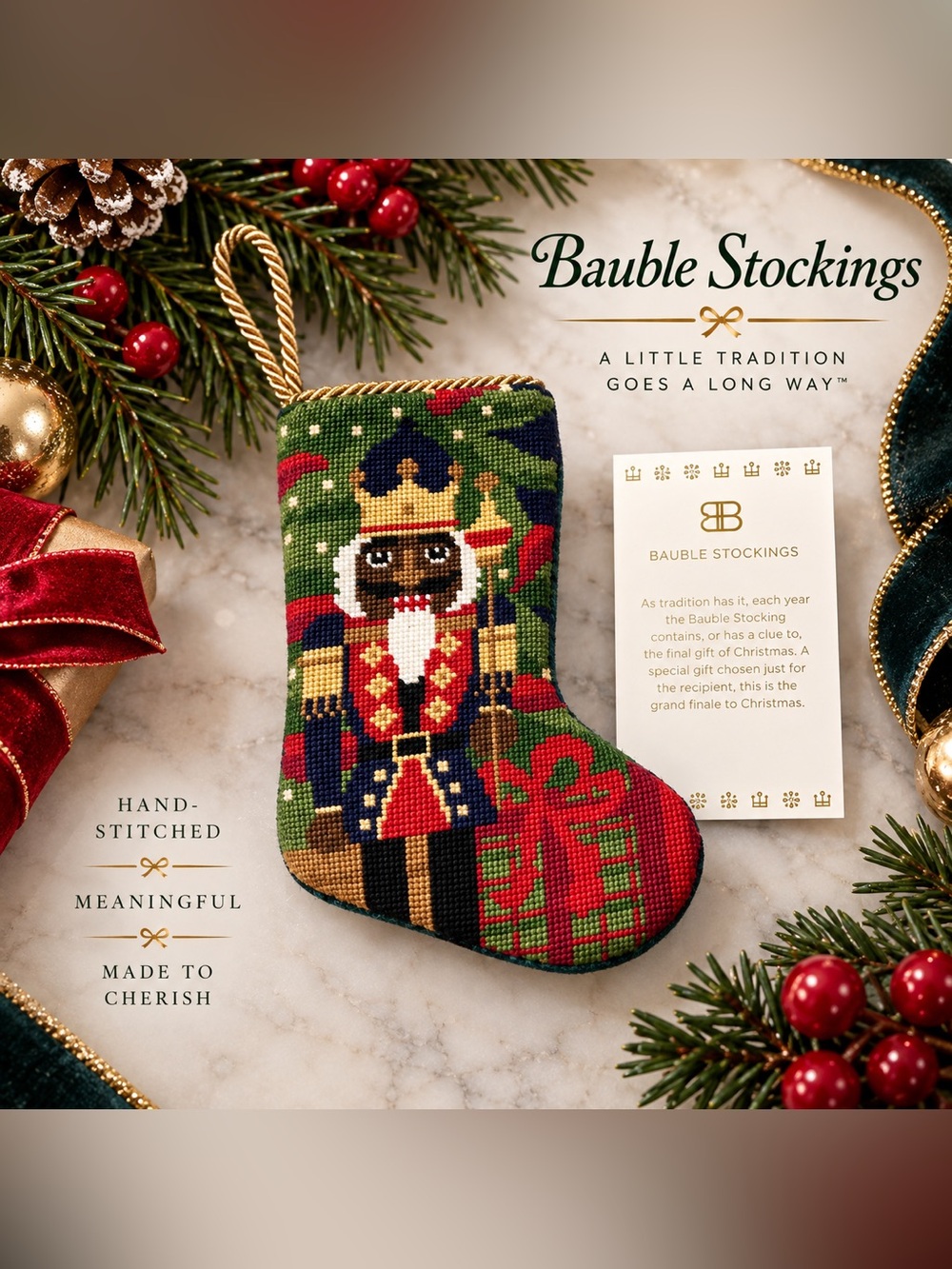 NWT Hand-Stitched Bauble Nutcracker Needlepoint Mini Christmas Stocking